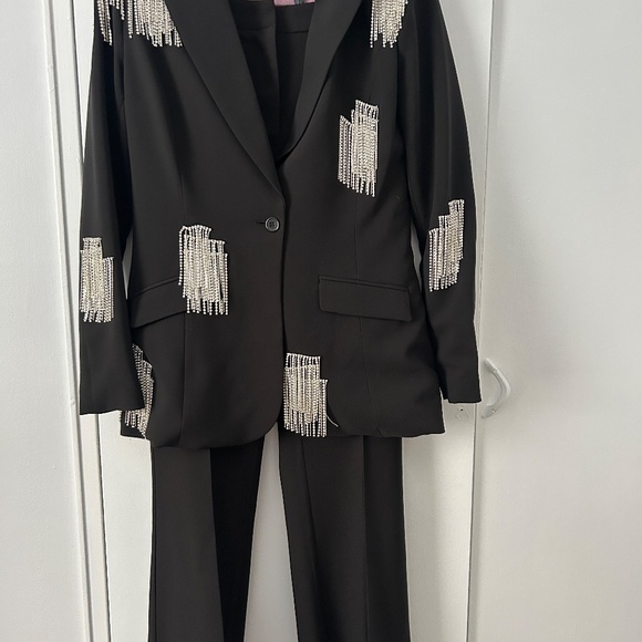 Black Fashion Nova Pants Suit with Rhinestone Fringe Trim Sz. M NWT - Picture 5 of 14